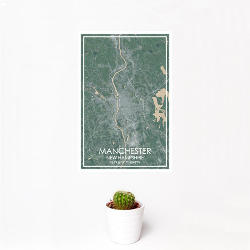 12x18 Manchester New Hampshire Map Print Portrait Orientation in Afternoon Style With Small Cactus Plant in White Planter