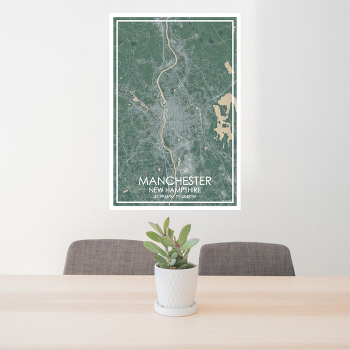 24x36 Manchester New Hampshire Map Print Portrait Orientation in Afternoon Style Behind 2 Chairs Table and Potted Plant