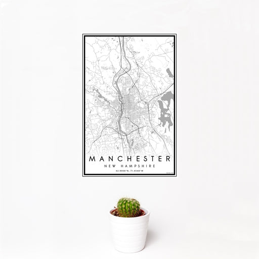 12x18 Manchester New Hampshire Map Print Portrait Orientation in Classic Style With Small Cactus Plant in White Planter