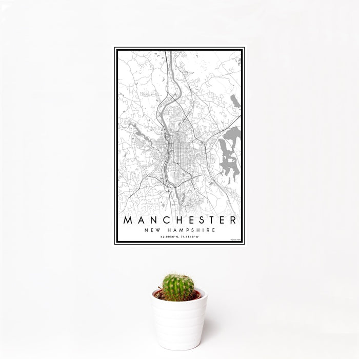 12x18 Manchester New Hampshire Map Print Portrait Orientation in Classic Style With Small Cactus Plant in White Planter