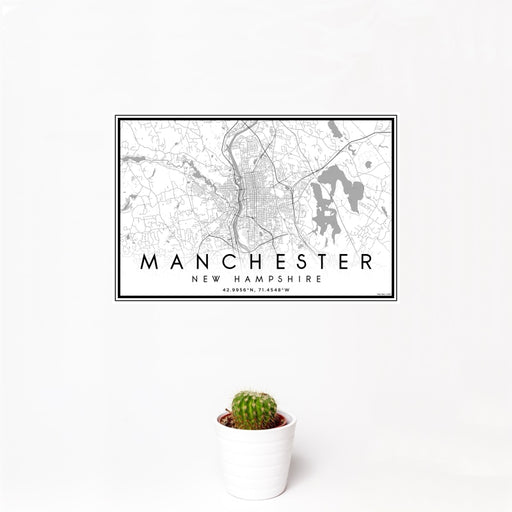 12x18 Manchester New Hampshire Map Print Landscape Orientation in Classic Style With Small Cactus Plant in White Planter