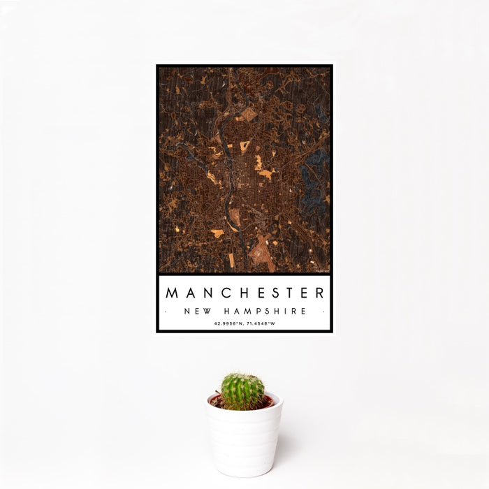 12x18 Manchester New Hampshire Map Print Portrait Orientation in Ember Style With Small Cactus Plant in White Planter