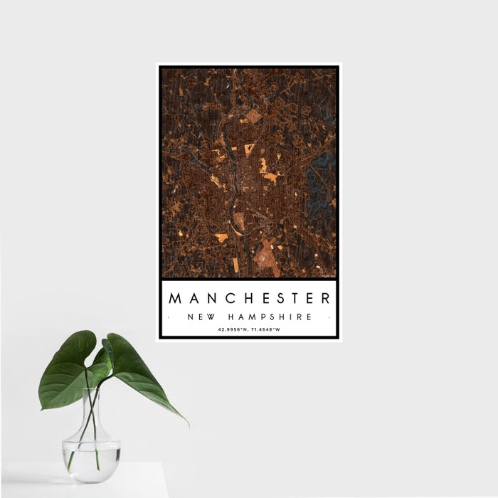 16x24 Manchester New Hampshire Map Print Portrait Orientation in Ember Style With Tropical Plant Leaves in Water