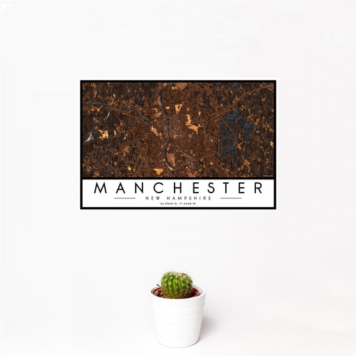 12x18 Manchester New Hampshire Map Print Landscape Orientation in Ember Style With Small Cactus Plant in White Planter