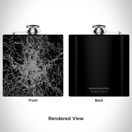 Rendered View of Manchester New Hampshire Map Engraving on 6oz Stainless Steel Flask in Black