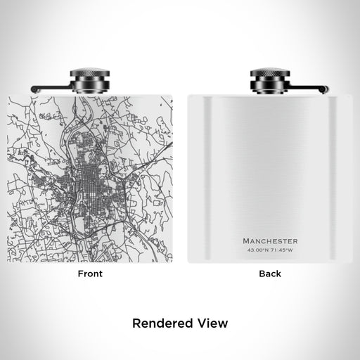 Rendered View of Manchester New Hampshire Map Engraving on 6oz Stainless Steel Flask in White