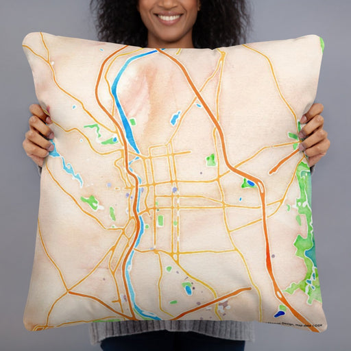 Person holding 22x22 Custom Manchester New Hampshire Map Throw Pillow in Watercolor