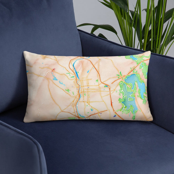 Custom Manchester New Hampshire Map Throw Pillow in Watercolor on Blue Colored Chair