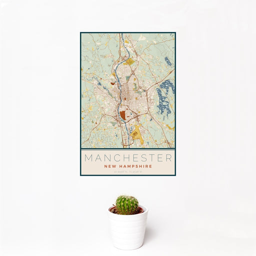 12x18 Manchester New Hampshire Map Print Portrait Orientation in Woodblock Style With Small Cactus Plant in White Planter