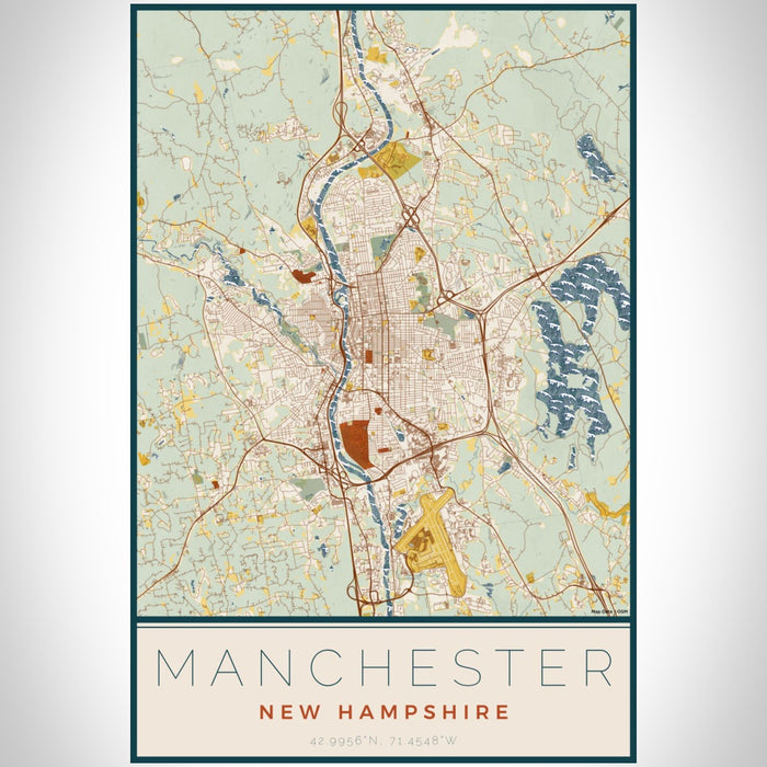 Manchester New Hampshire Map Print Portrait Orientation in Woodblock Style With Shaded Background