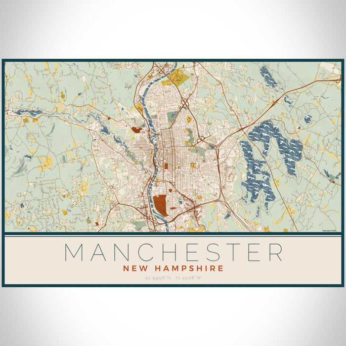Manchester New Hampshire Map Print Landscape Orientation in Woodblock Style With Shaded Background