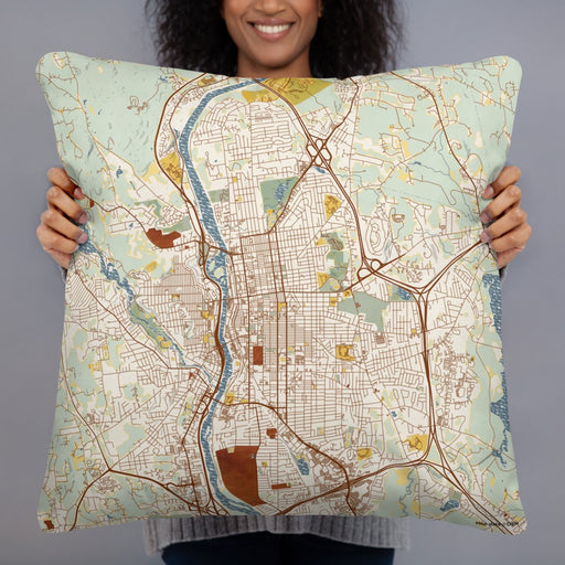 Person holding 22x22 Custom Manchester New Hampshire Map Throw Pillow in Woodblock