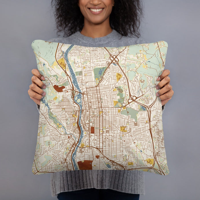 Person holding 18x18 Custom Manchester New Hampshire Map Throw Pillow in Woodblock