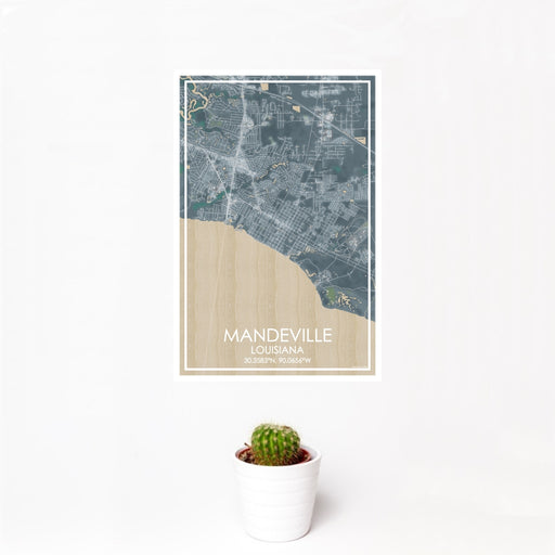 12x18 Mandeville Louisiana Map Print Portrait Orientation in Afternoon Style With Small Cactus Plant in White Planter