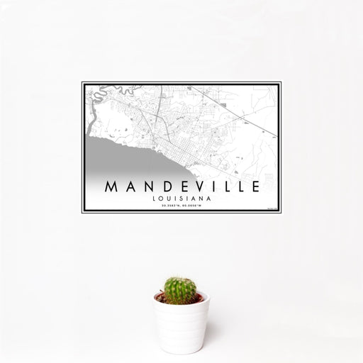 12x18 Mandeville Louisiana Map Print Landscape Orientation in Classic Style With Small Cactus Plant in White Planter