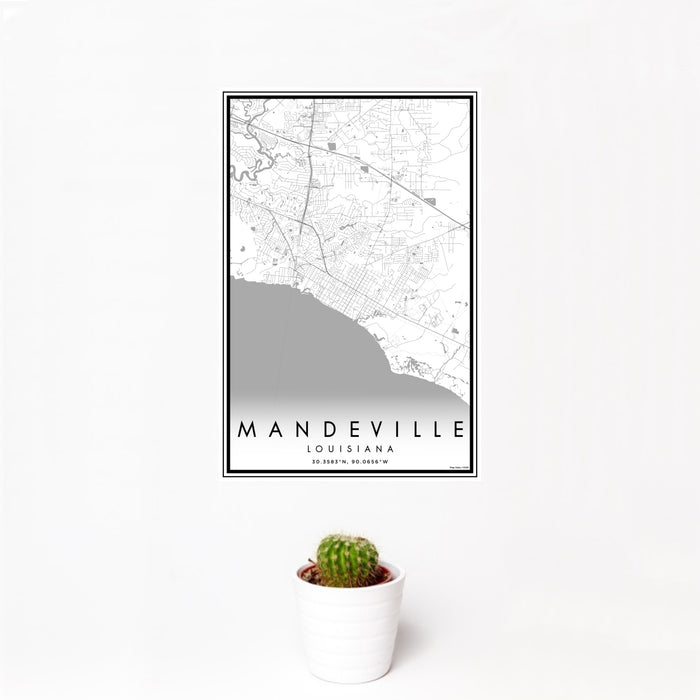 12x18 Mandeville Louisiana Map Print Portrait Orientation in Classic Style With Small Cactus Plant in White Planter