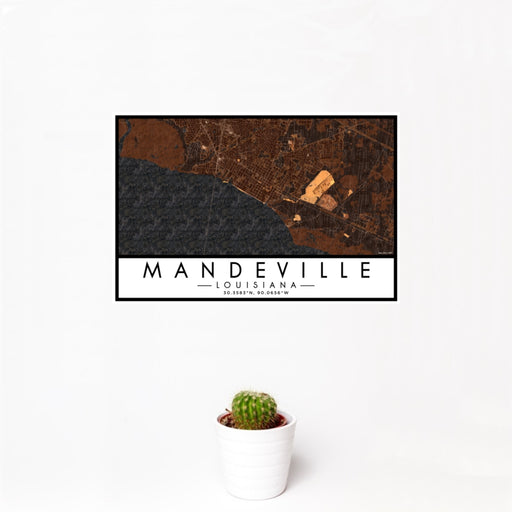 12x18 Mandeville Louisiana Map Print Landscape Orientation in Ember Style With Small Cactus Plant in White Planter