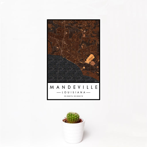 12x18 Mandeville Louisiana Map Print Portrait Orientation in Ember Style With Small Cactus Plant in White Planter