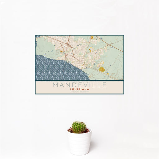 12x18 Mandeville Louisiana Map Print Landscape Orientation in Woodblock Style With Small Cactus Plant in White Planter