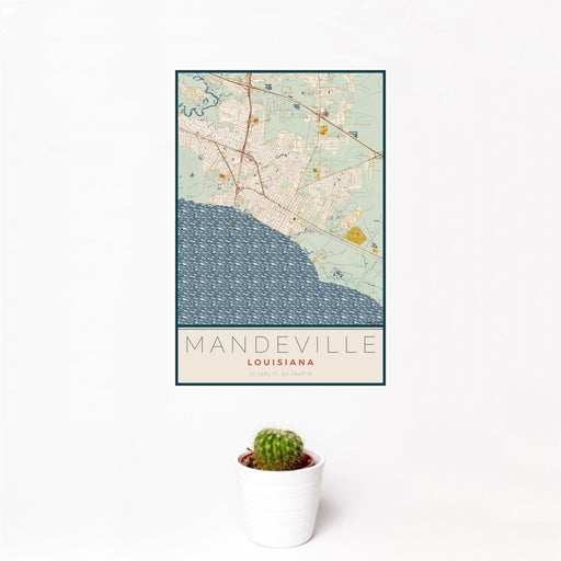 12x18 Mandeville Louisiana Map Print Portrait Orientation in Woodblock Style With Small Cactus Plant in White Planter