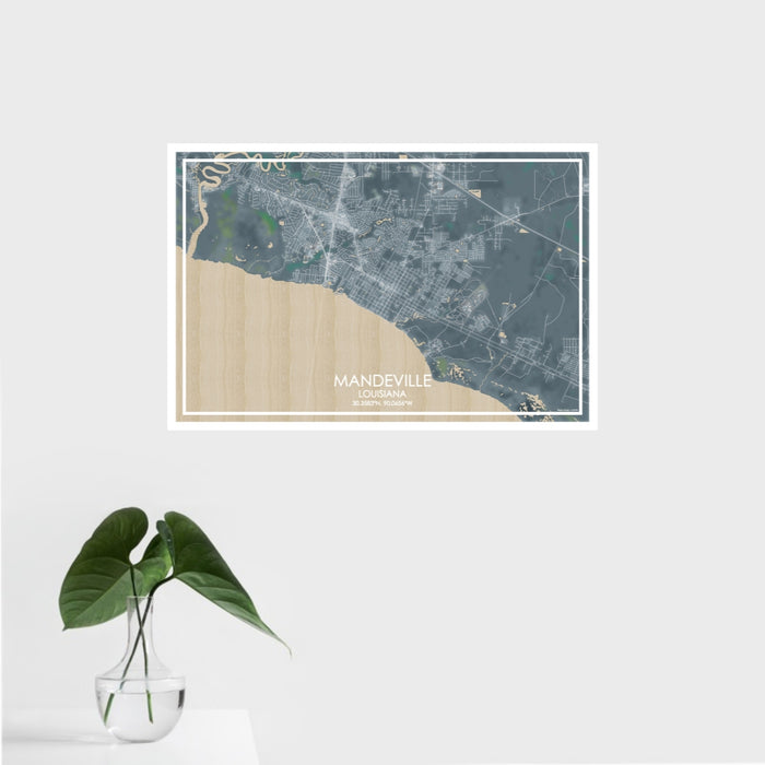 16x24 Mandeville Louisiana Map Print Landscape Orientation in Afternoon Style With Tropical Plant Leaves in Water