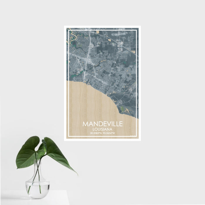 16x24 Mandeville Louisiana Map Print Portrait Orientation in Afternoon Style With Tropical Plant Leaves in Water