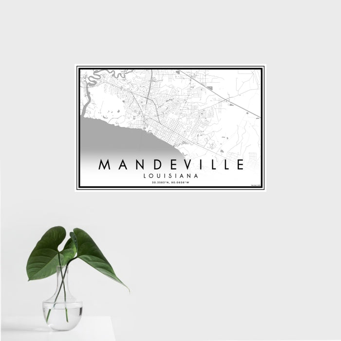 16x24 Mandeville Louisiana Map Print Landscape Orientation in Classic Style With Tropical Plant Leaves in Water