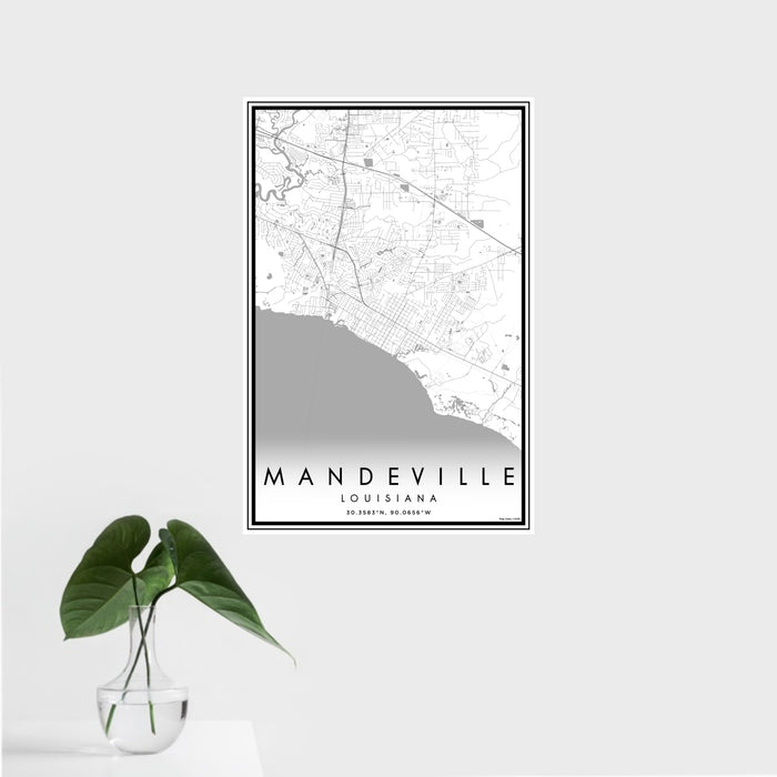 16x24 Mandeville Louisiana Map Print Portrait Orientation in Classic Style With Tropical Plant Leaves in Water