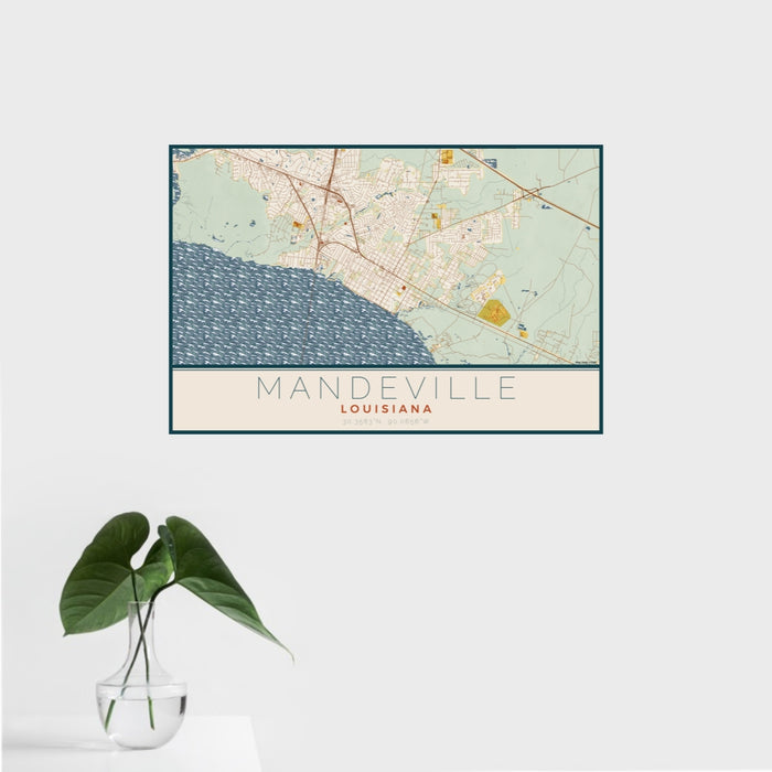 16x24 Mandeville Louisiana Map Print Landscape Orientation in Woodblock Style With Tropical Plant Leaves in Water