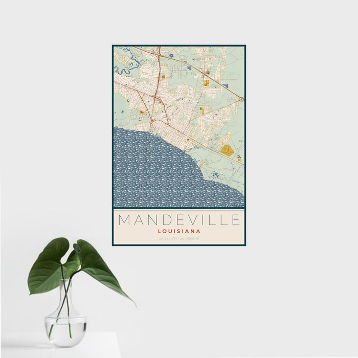 16x24 Mandeville Louisiana Map Print Portrait Orientation in Woodblock Style With Tropical Plant Leaves in Water