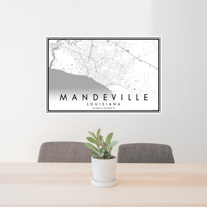 24x36 Mandeville Louisiana Map Print Lanscape Orientation in Classic Style Behind 2 Chairs Table and Potted Plant