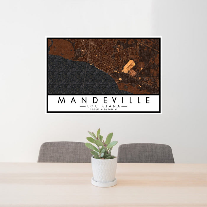 24x36 Mandeville Louisiana Map Print Lanscape Orientation in Ember Style Behind 2 Chairs Table and Potted Plant