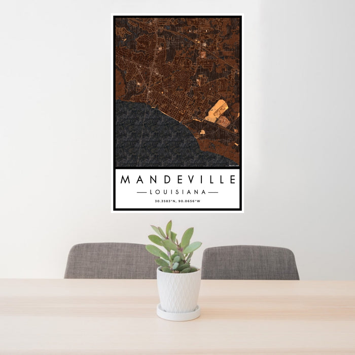 24x36 Mandeville Louisiana Map Print Portrait Orientation in Ember Style Behind 2 Chairs Table and Potted Plant