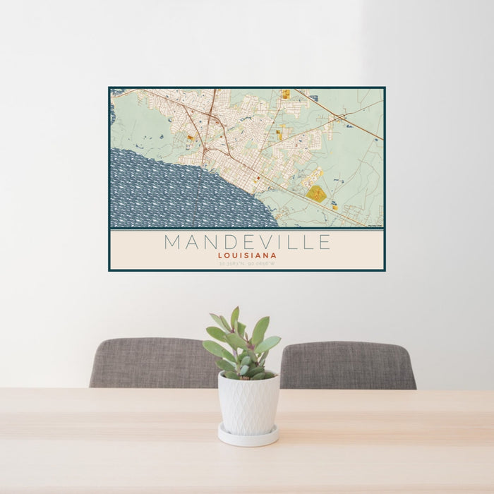 24x36 Mandeville Louisiana Map Print Lanscape Orientation in Woodblock Style Behind 2 Chairs Table and Potted Plant