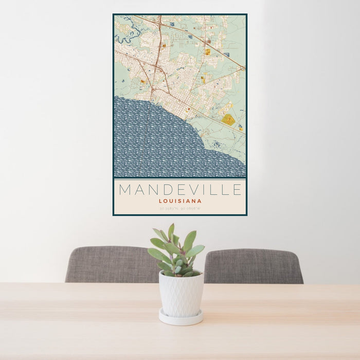 24x36 Mandeville Louisiana Map Print Portrait Orientation in Woodblock Style Behind 2 Chairs Table and Potted Plant