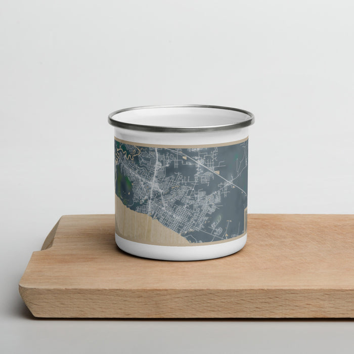 Front View Custom Mandeville Louisiana Map Enamel Mug in Afternoon on Cutting Board