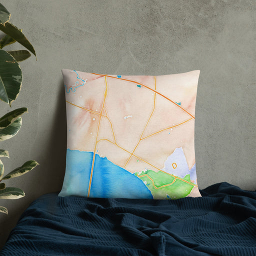 Custom Mandeville Louisiana Map Throw Pillow in Watercolor on Bedding Against Wall