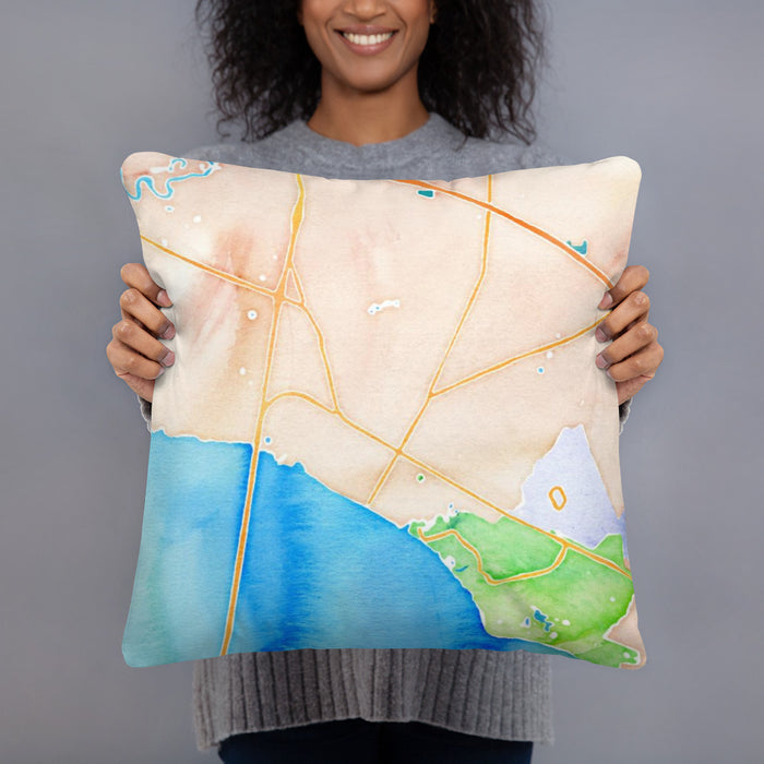 Person holding 18x18 Custom Mandeville Louisiana Map Throw Pillow in Watercolor