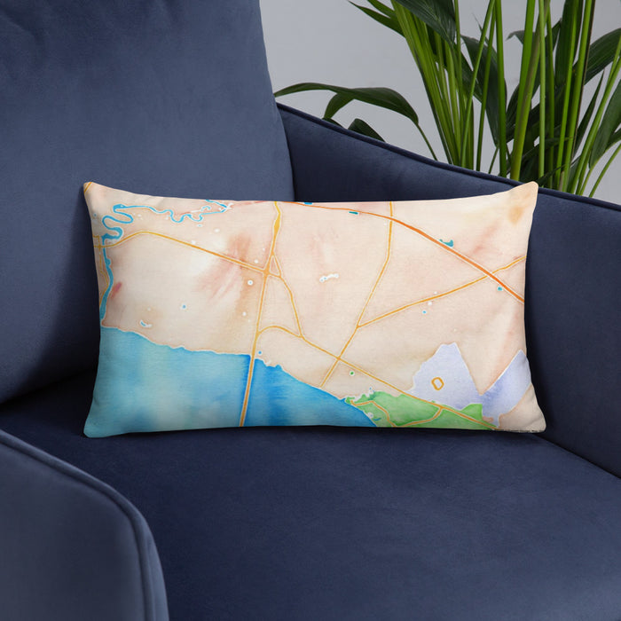 Custom Mandeville Louisiana Map Throw Pillow in Watercolor on Blue Colored Chair