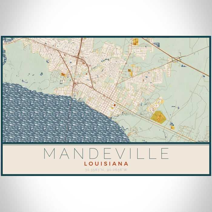 Mandeville Louisiana Map Print Landscape Orientation in Woodblock Style With Shaded Background