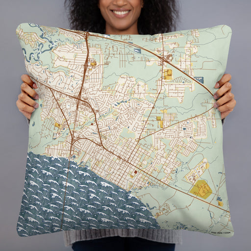 Person holding 22x22 Custom Mandeville Louisiana Map Throw Pillow in Woodblock