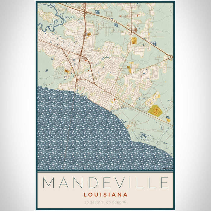 Mandeville Louisiana Map Print Portrait Orientation in Woodblock Style With Shaded Background