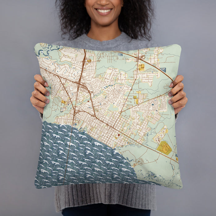 Person holding 18x18 Custom Mandeville Louisiana Map Throw Pillow in Woodblock