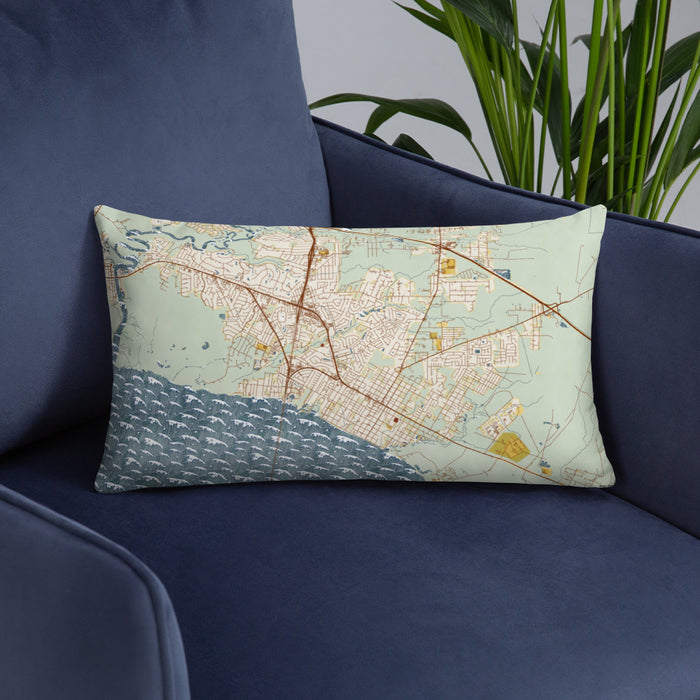 Custom Mandeville Louisiana Map Throw Pillow in Woodblock on Blue Colored Chair