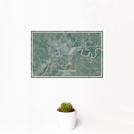 12x18 Manhattan Kansas Map Print Landscape Orientation in Afternoon Style With Small Cactus Plant in White Planter