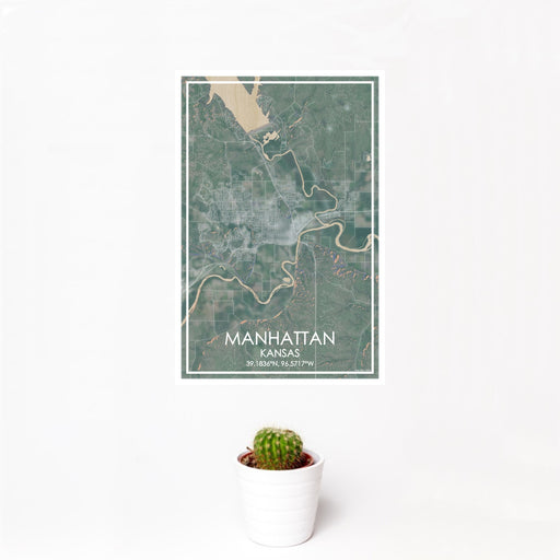 12x18 Manhattan Kansas Map Print Portrait Orientation in Afternoon Style With Small Cactus Plant in White Planter