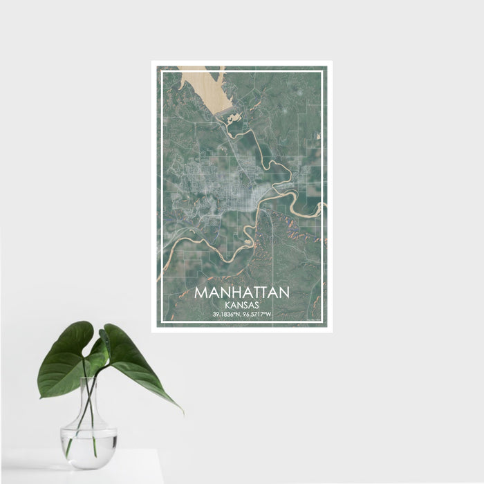 16x24 Manhattan Kansas Map Print Portrait Orientation in Afternoon Style With Tropical Plant Leaves in Water