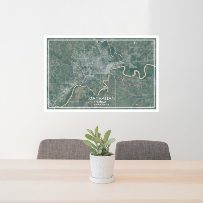 24x36 Manhattan Kansas Map Print Lanscape Orientation in Afternoon Style Behind 2 Chairs Table and Potted Plant