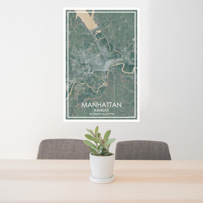 24x36 Manhattan Kansas Map Print Portrait Orientation in Afternoon Style Behind 2 Chairs Table and Potted Plant