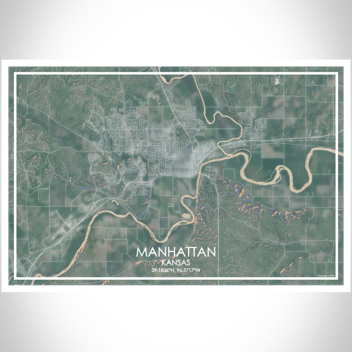 Manhattan Kansas Map Print Landscape Orientation in Afternoon Style With Shaded Background